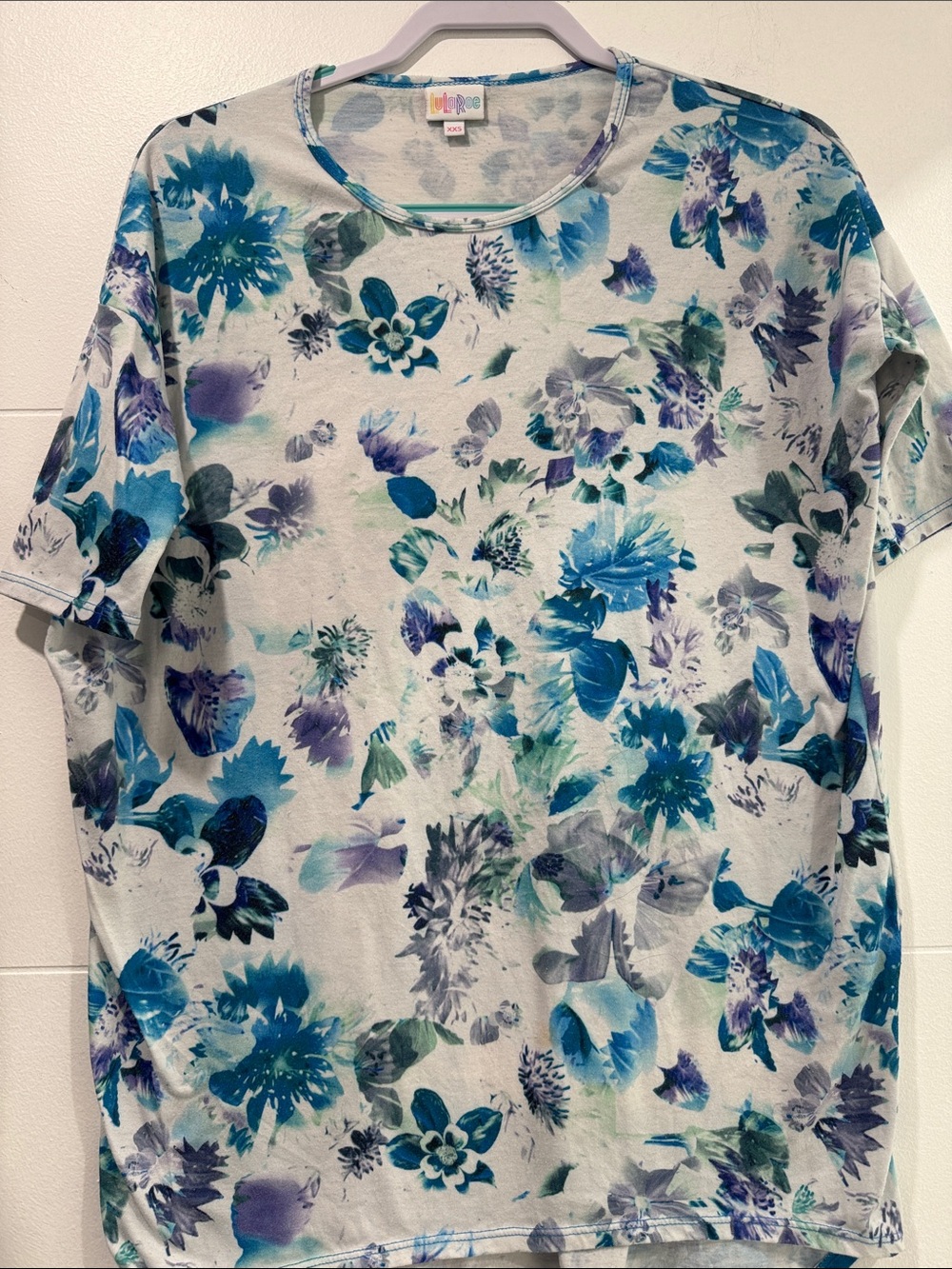 LuLaRoe Irma Tunic Top Womens XXS Blue Floral Watercolor Short Sleeve Tee